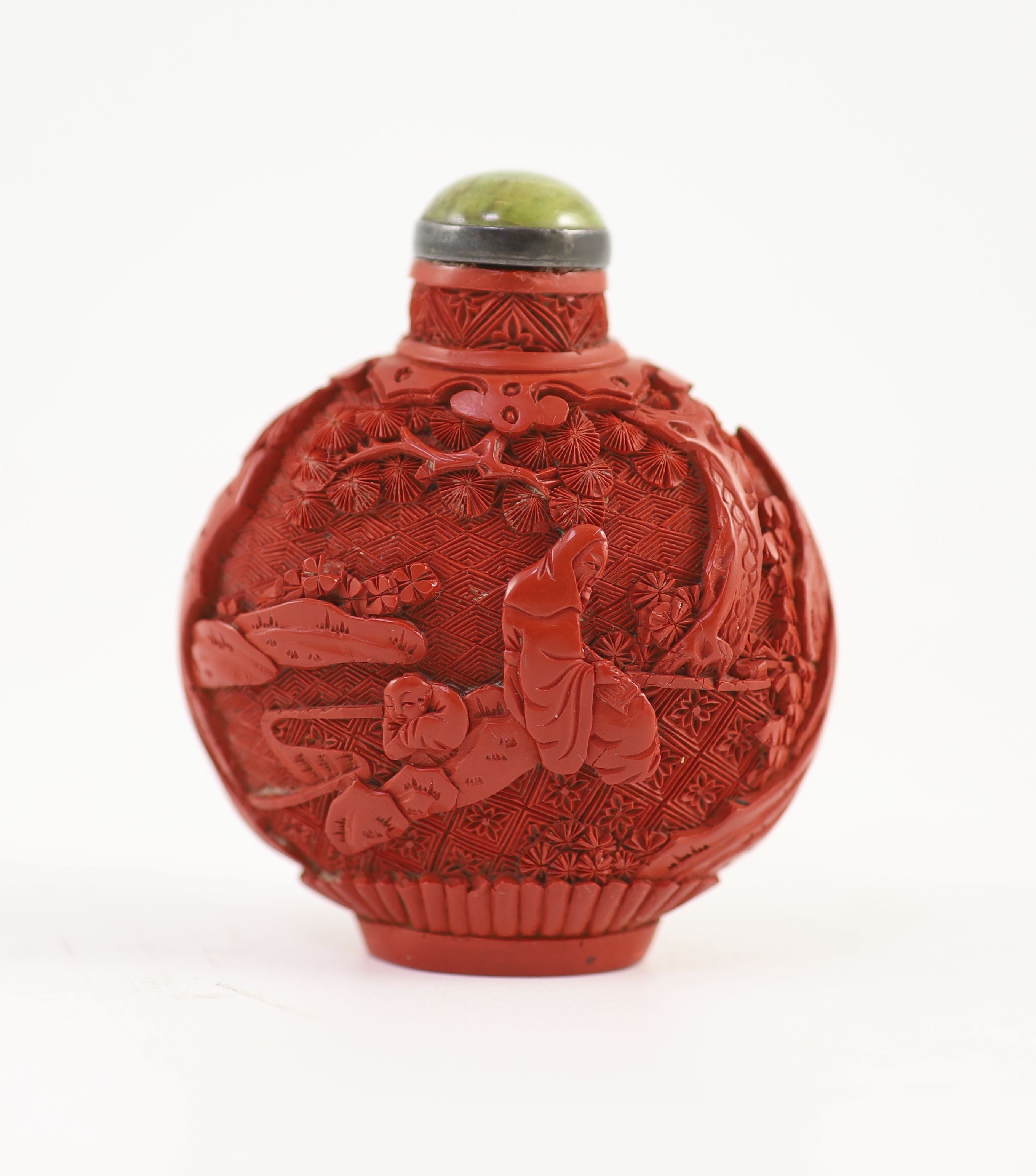 An unusual Chinese cinnabar lacquer on porcelain snuff bottle, 18th/19th century 6.2 cm high excluding stopper